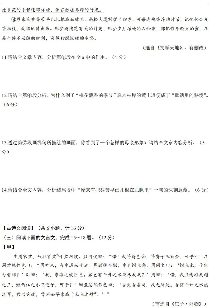 2026中考语文一模试卷语文(陕西卷) 第6张