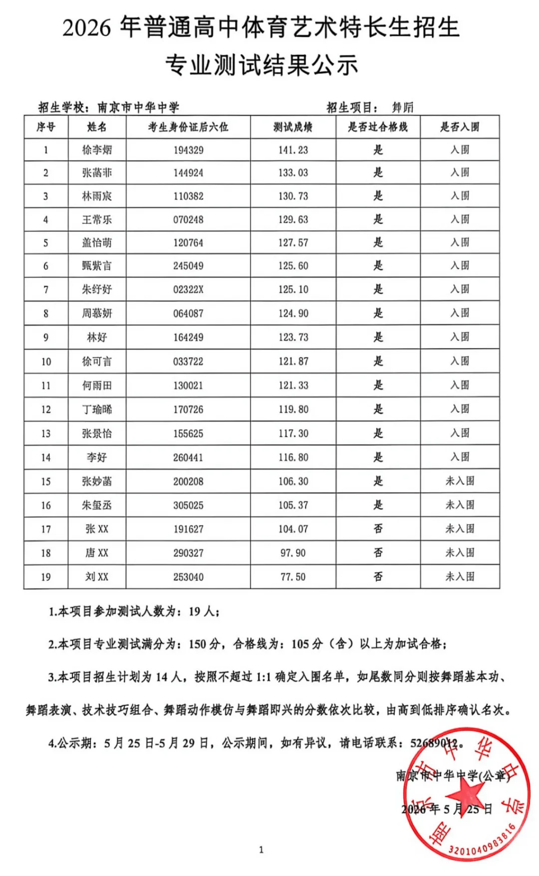 南京2026中考艺体特长生入围名单公示! 第8张 南京2026中考艺体特长生入围名单公示! 第8张