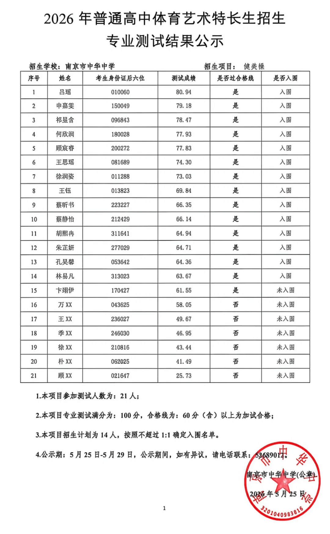 南京2026中考艺体特长生入围名单公示! 第9张 南京2026中考艺体特长生入围名单公示! 第9张