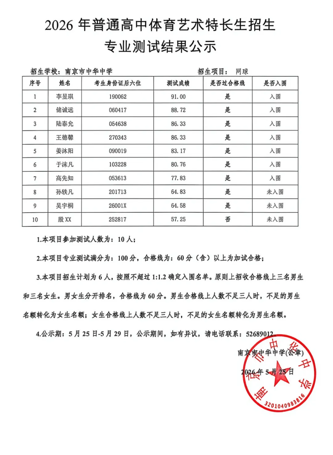 南京2026中考艺体特长生入围名单公示! 第10张 南京2026中考艺体特长生入围名单公示! 第10张