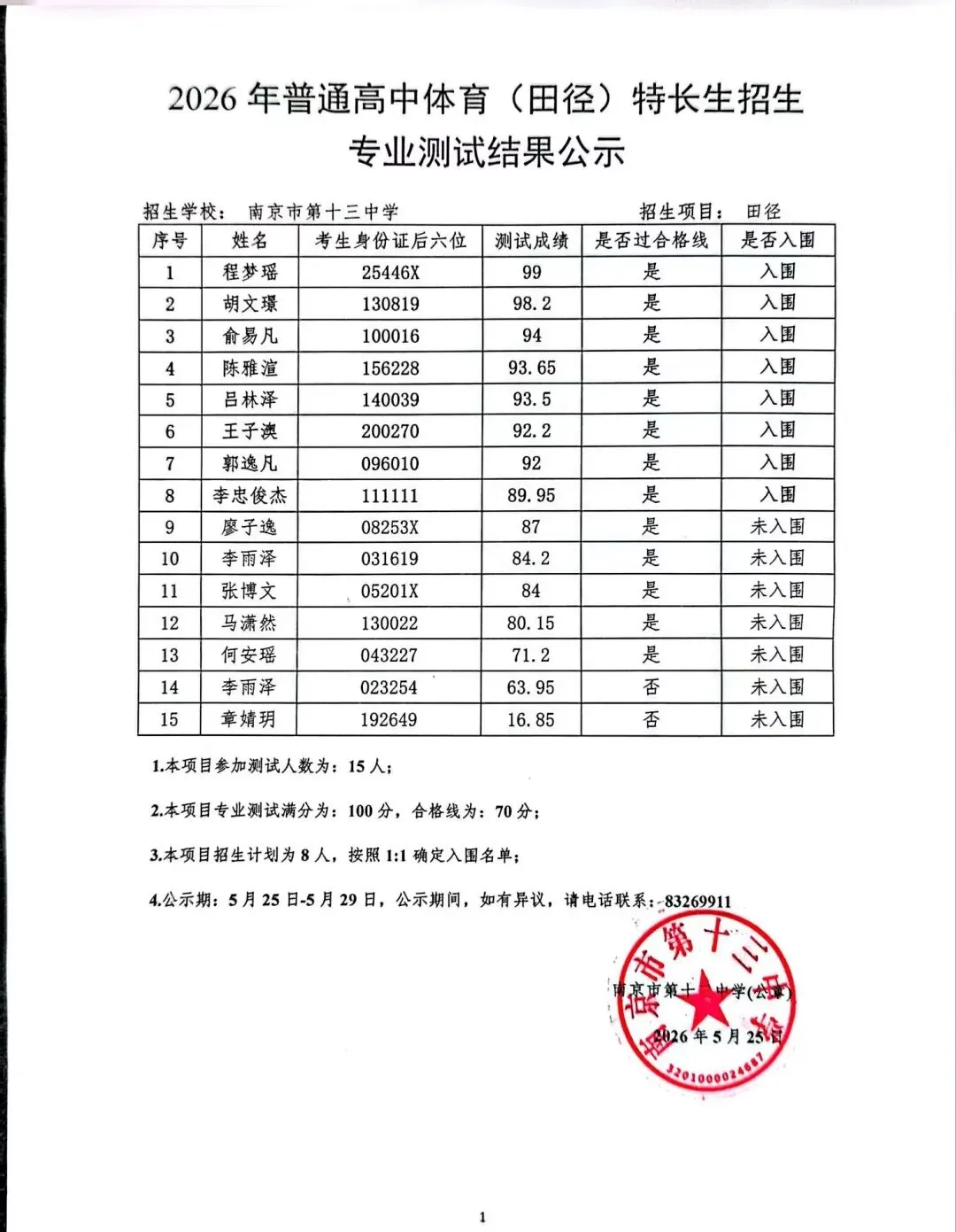 南京2026中考艺体特长生入围名单公示! 第13张 南京2026中考艺体特长生入围名单公示! 第13张