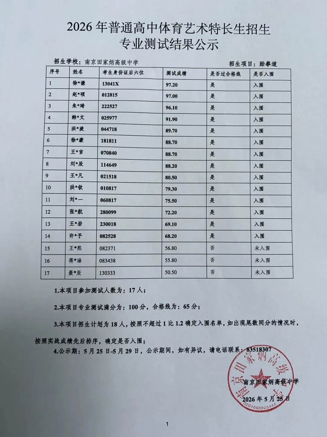 南京2026中考艺体特长生入围名单公示! 第22张 南京2026中考艺体特长生入围名单公示! 第22张