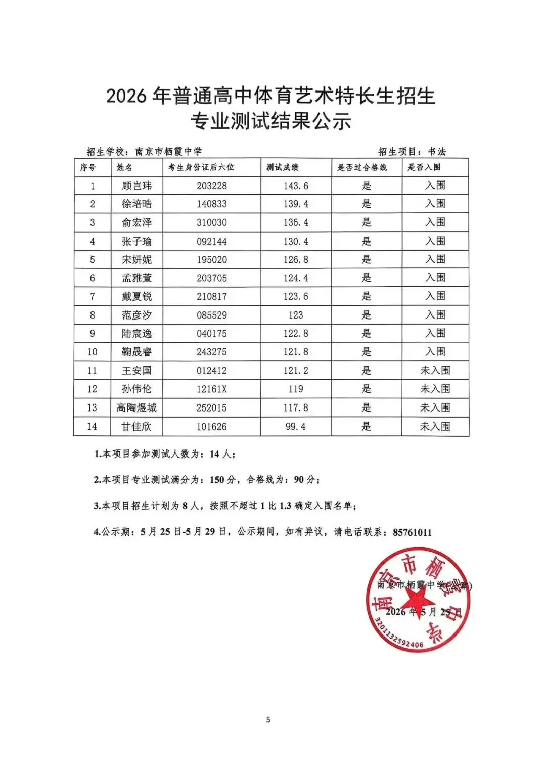 南京2026中考艺体特长生入围名单公示! 第34张 南京2026中考艺体特长生入围名单公示! 第34张