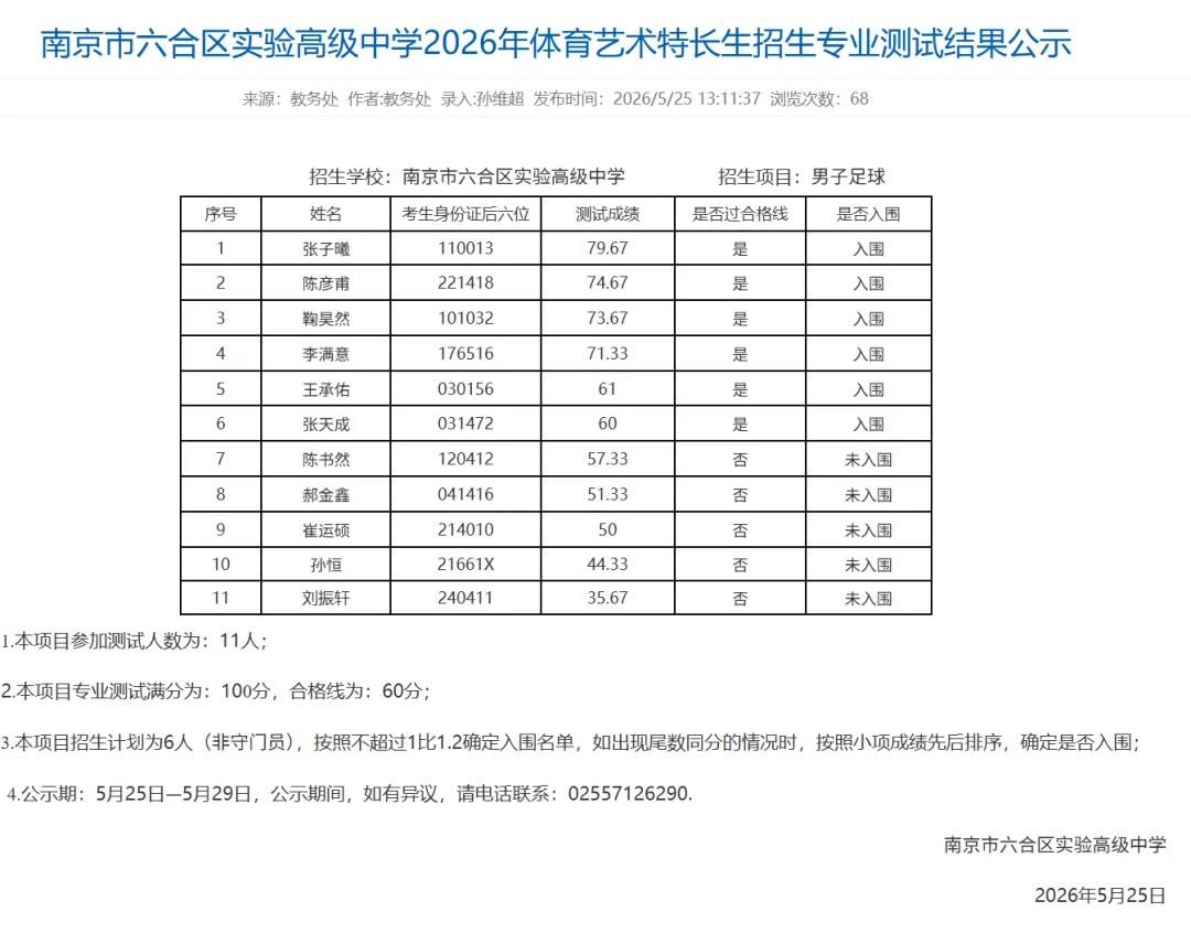 南京2026中考艺体特长生入围名单公示! 第40张 南京2026中考艺体特长生入围名单公示! 第40张