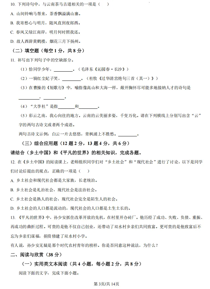 2026年云南职教高考文化考试语文真题试卷及参考答案 第4张