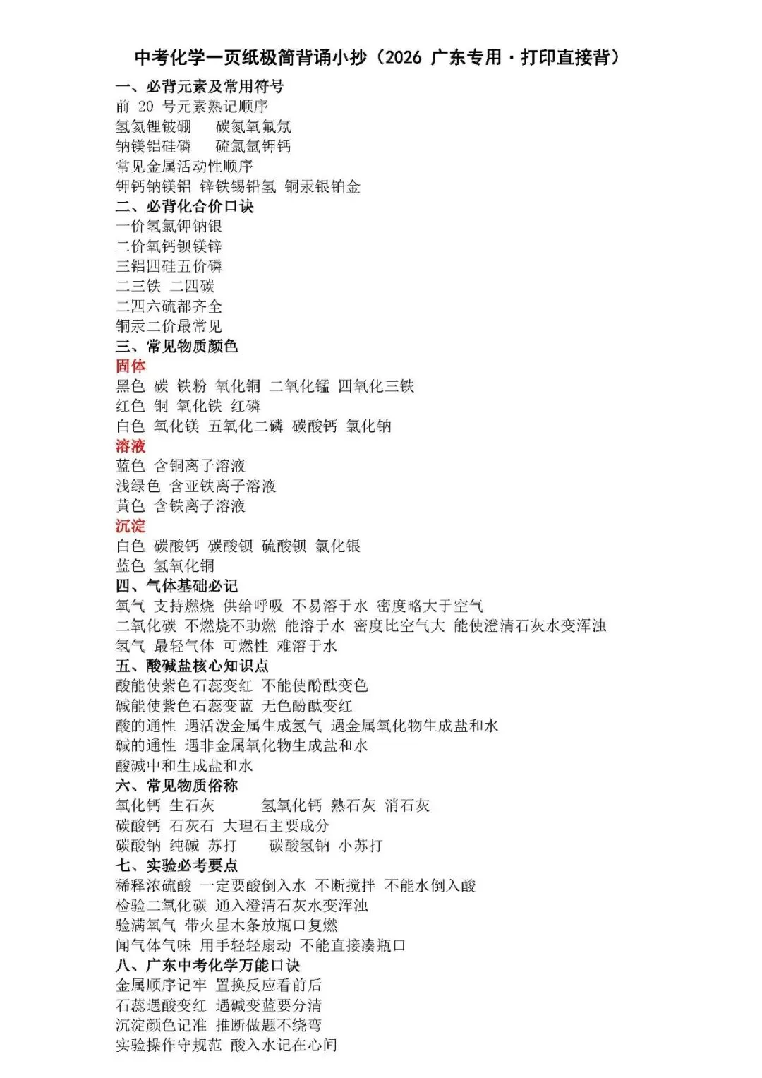 中考化学一页纸极简背诵小抄(2026 广东专用・打印直接背)-第1张图片-四季读书网