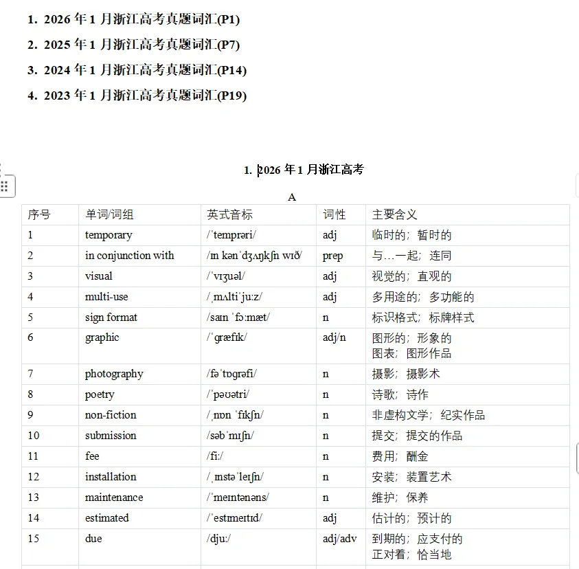 高考真题高频词汇和词块图鉴(2):2023-2026年浙江一月卷汇总-第1张图片-四季读书网