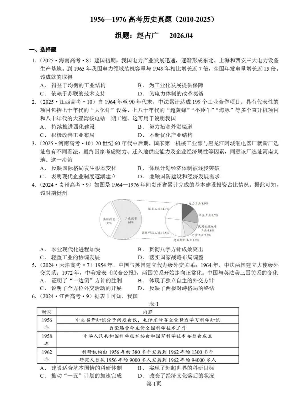 1956-1976年中国史高考真题(2010-2025)-第1张图片-四季读书网