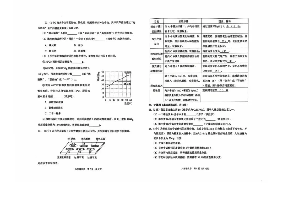 【中考二模】2026天津滨海新区二模试卷(物化英)科目分享 第9张