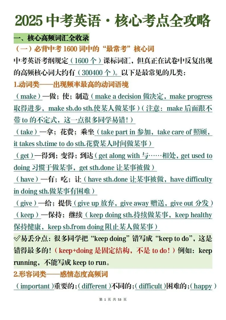 中考英语备考资料整理,含高频词汇加易错题集解析(可打印)-第1张图片-四季读书网