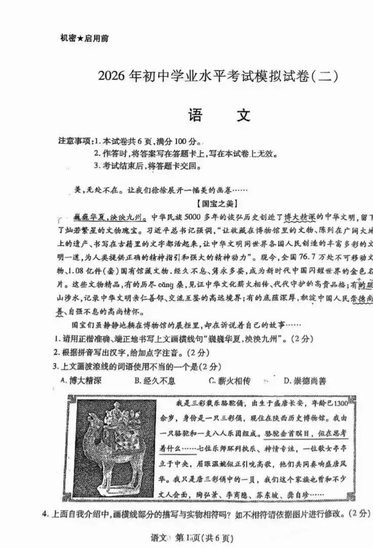 2026青山区中考二模试卷汇总(语数英、物化政史) 第1张