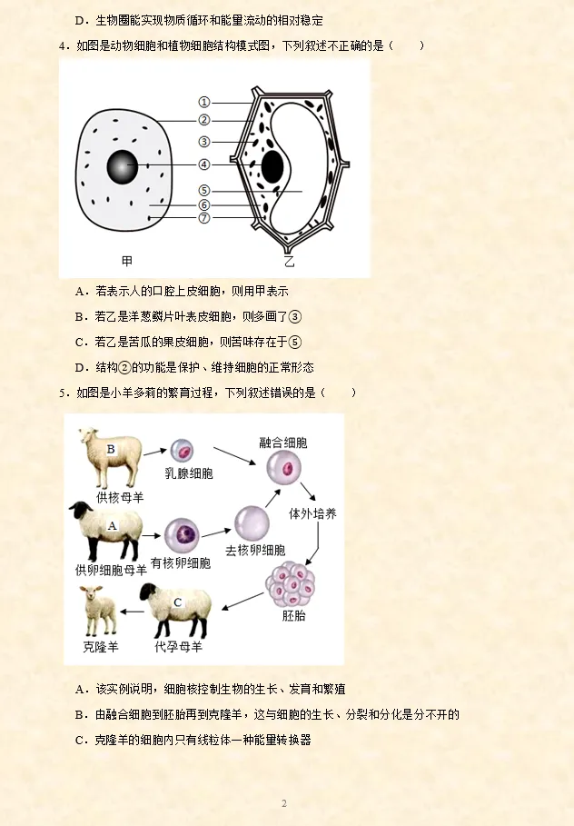 2026年中考(会考)生物押题密卷(8卷)(全国通用) 第4张 2026年中考(会考)生物押题密卷(8卷)(全国通用) 第4张