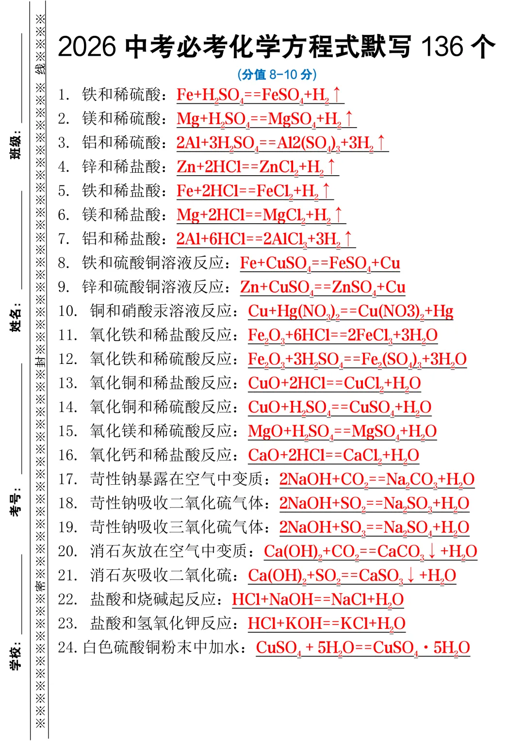 2026中考必考化学方程式默写136个,考前打印出来练一练! 第3张