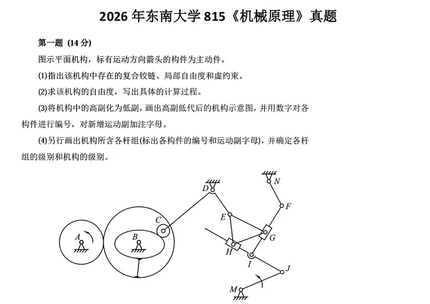 2026年东南大学815《机械原理》真题和答案 第1张 2026年东南大学815《机械原理》真题和答案 第1张