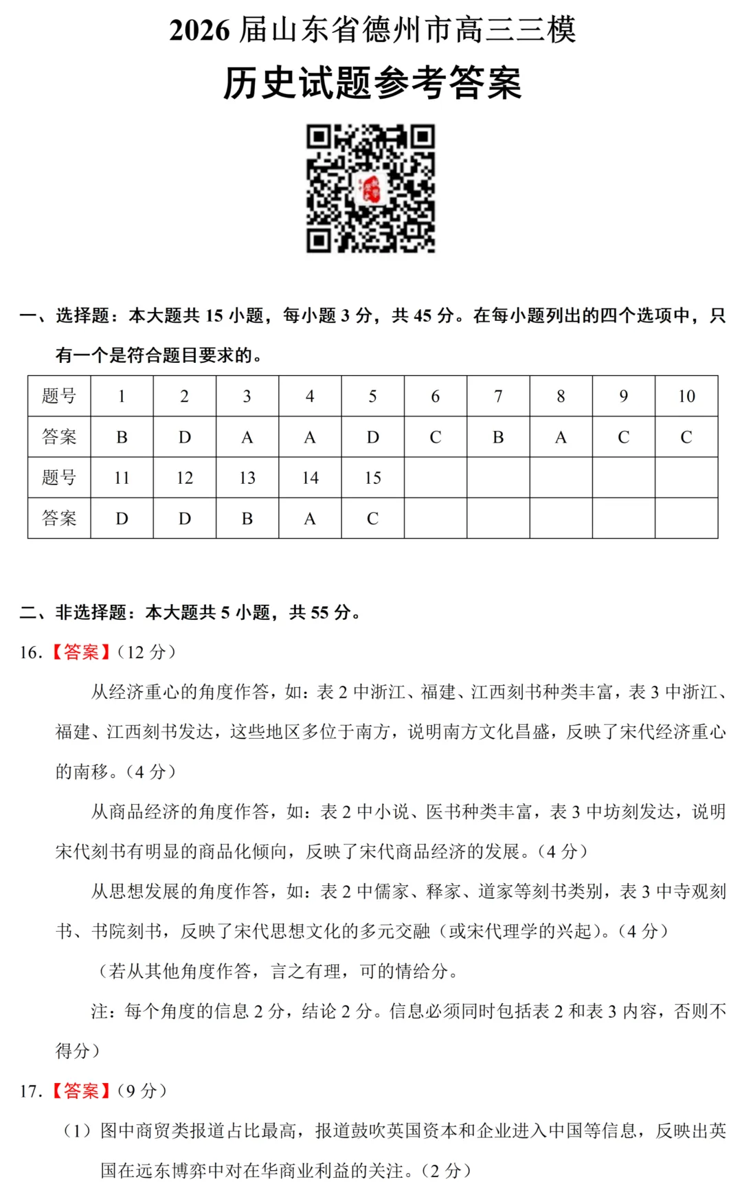 最新模考| 2026届山东省德州市高三三模历史试题和答案-第12张图片-四季读书网