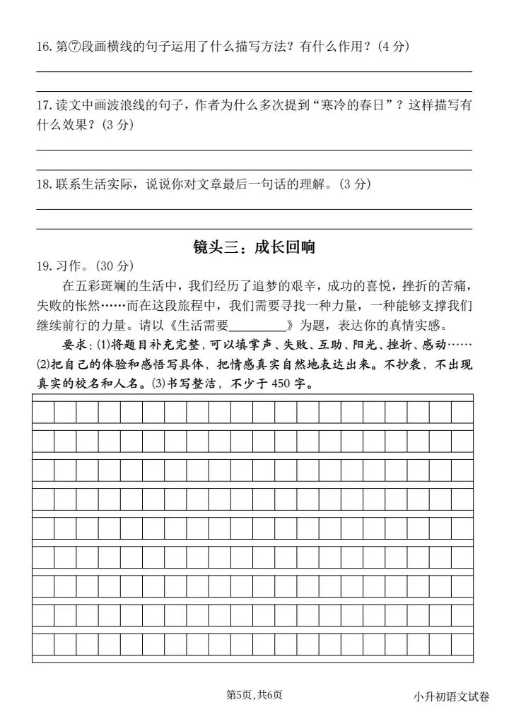 共5套!26年六下语文小升初真题情境测试卷(三)情境化命题5套,有答案word,青春留影梦想起航,依据新课标出情境卷 第5张