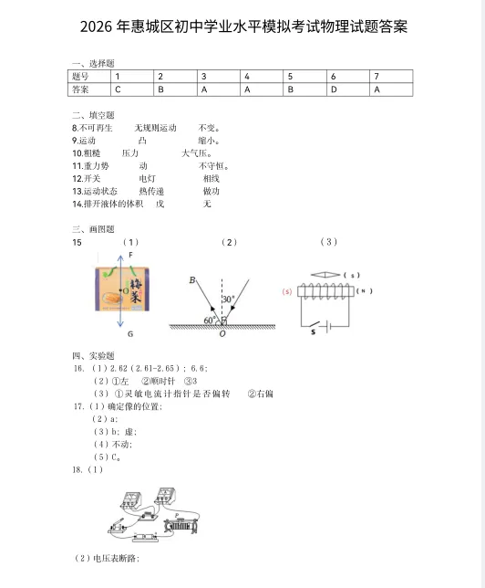 2026惠州市惠城区九年级模拟考试物理试题及参考答案 第1张