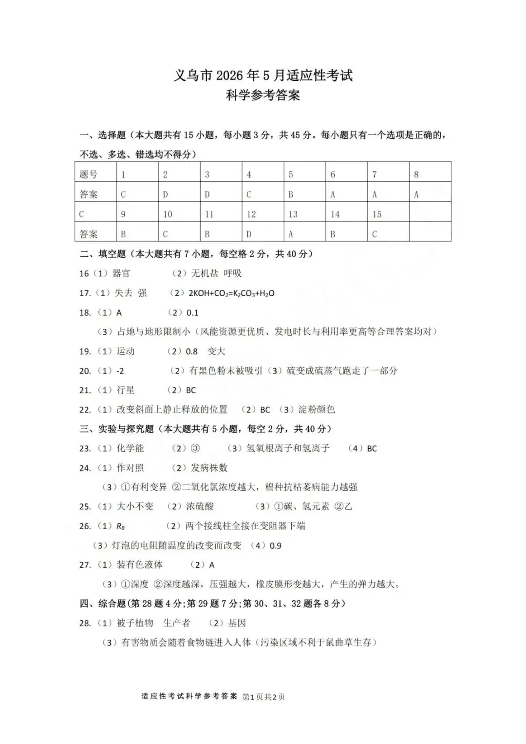 中考二模|2026年5月浙江省温州、杭州、宁波、金华、台州、嘉兴、绍兴、丽水、舟山、县域联盟、桐浦富兴等二模「全科」试题(34套) 第121张