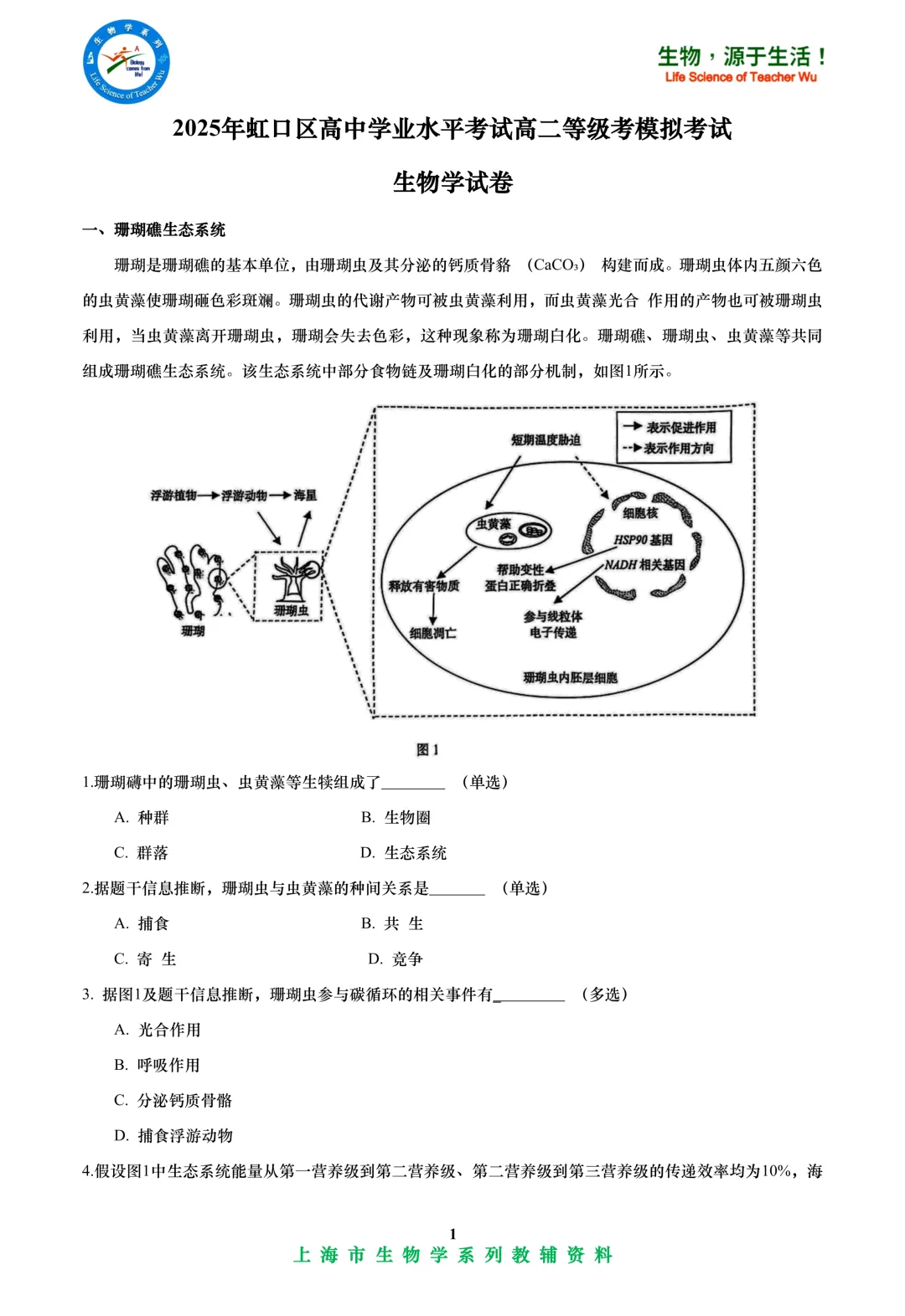 2025年虹口区高中学业水平考试高二等级考模拟考试-生物试卷 第1张