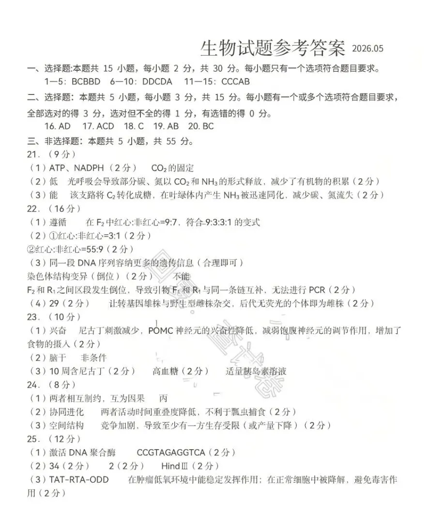 【青岛三模】2026年山东青岛三模生物试卷+答案 第2张 【青岛三模】2026年山东青岛三模生物试卷+答案 第2张