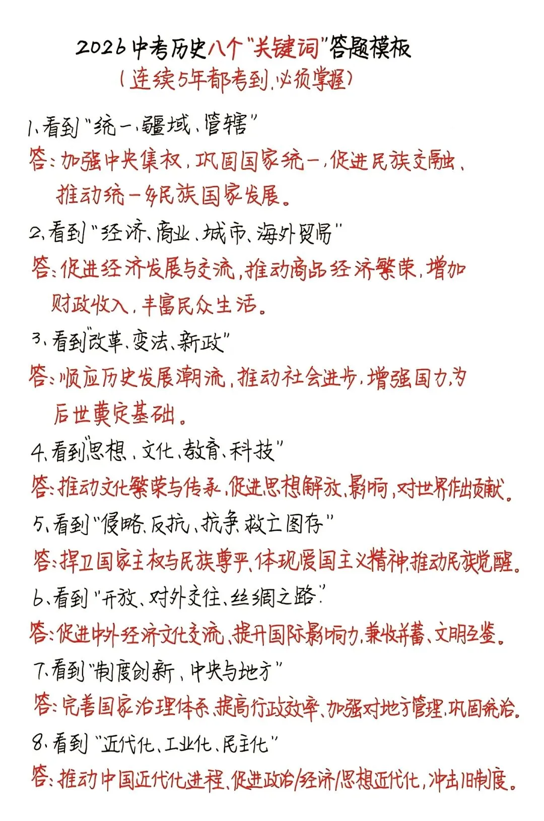 中考历史八个关键词答题模板 第1张