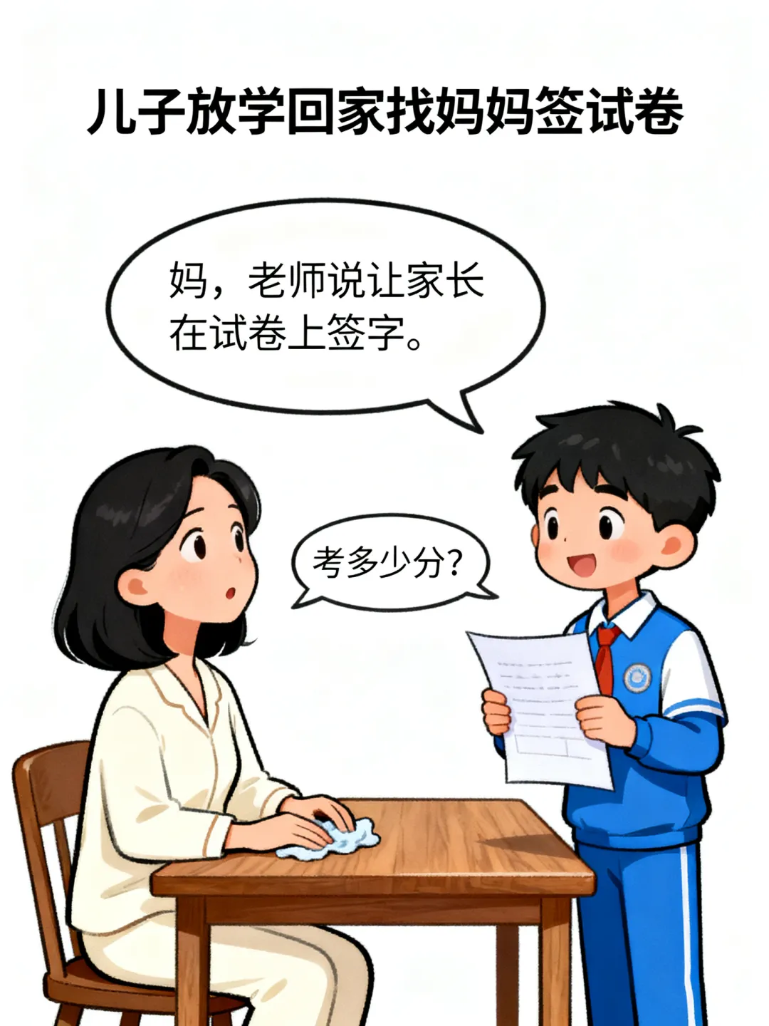 笑一笑:儿子说:妈,老师让你签试卷.妈妈问:考多少分?儿子:你先签再说.妈妈:你不说我不签.儿子:那正好,我告诉老师你不签 第1张