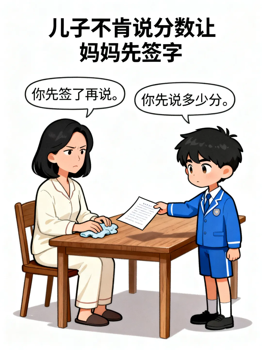 笑一笑:儿子说:妈,老师让你签试卷.妈妈问:考多少分?儿子:你先签再说.妈妈:你不说我不签.儿子:那正好,我告诉老师你不签 第2张