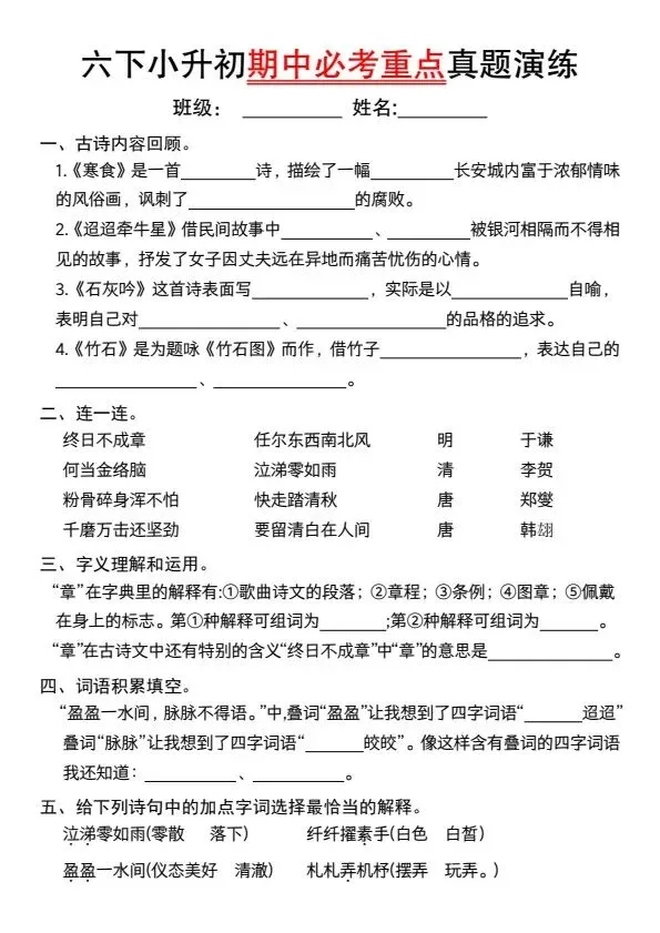 小升初语文期中必考重点真题精炼(含答案)V388 第2张