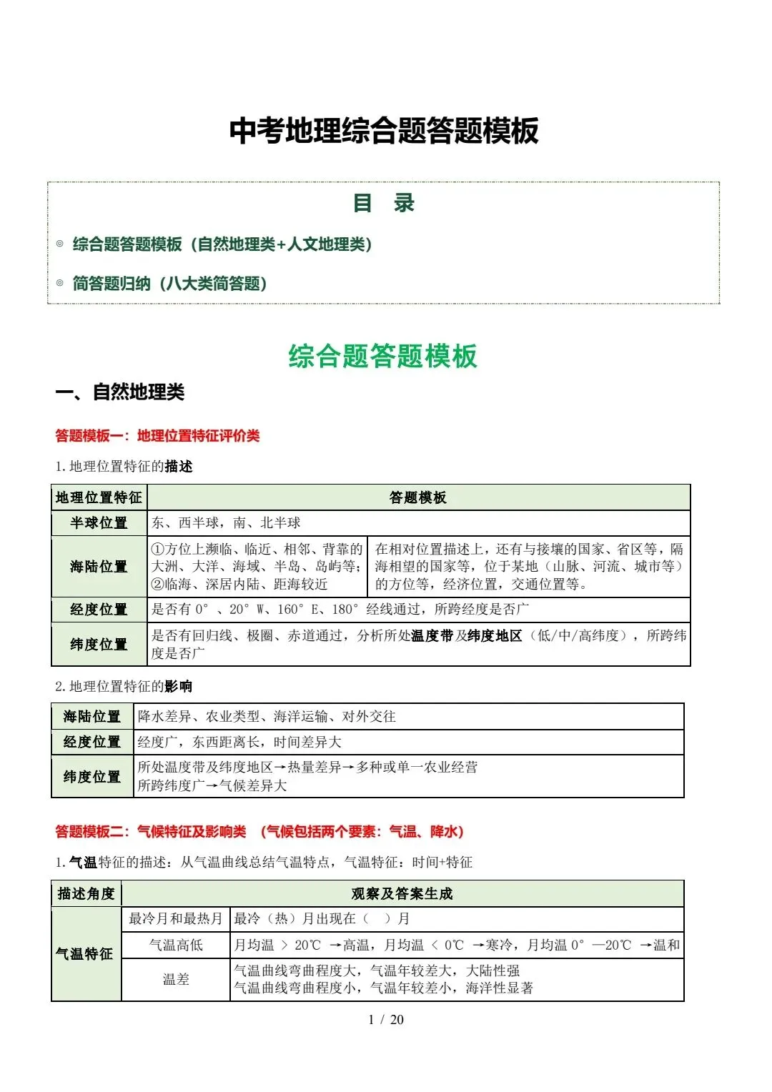 中考《地理》综合题答题模板 第1张