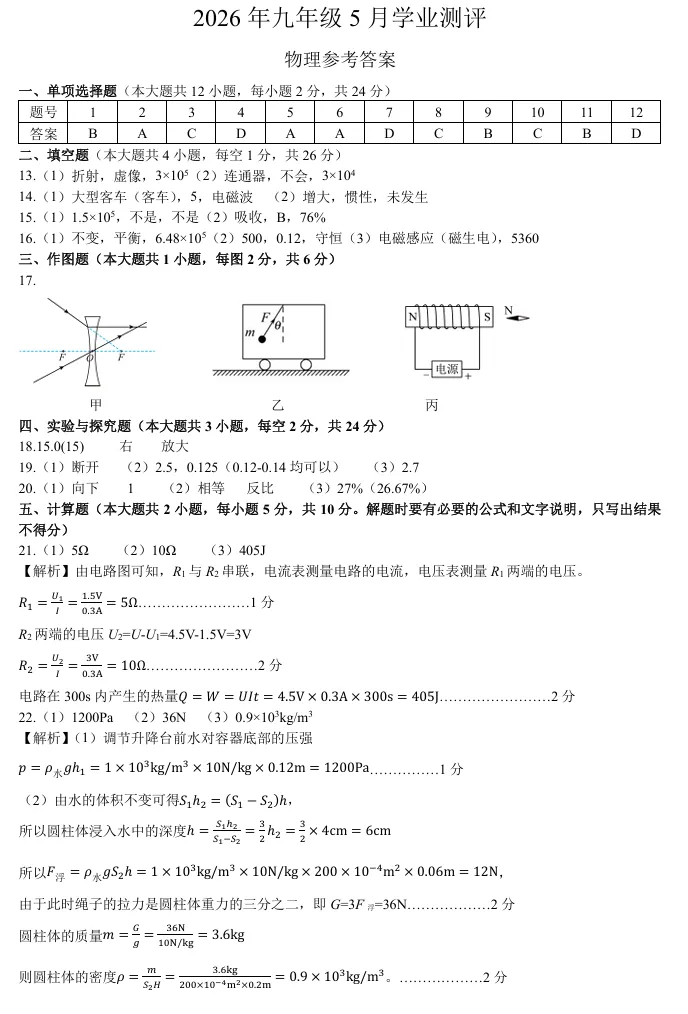 2026年物理中考模拟试卷(附有答案) 第6张