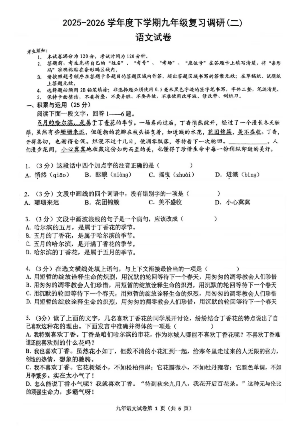 2026道外区九年级下语文二模考试 试卷+答案 第2张