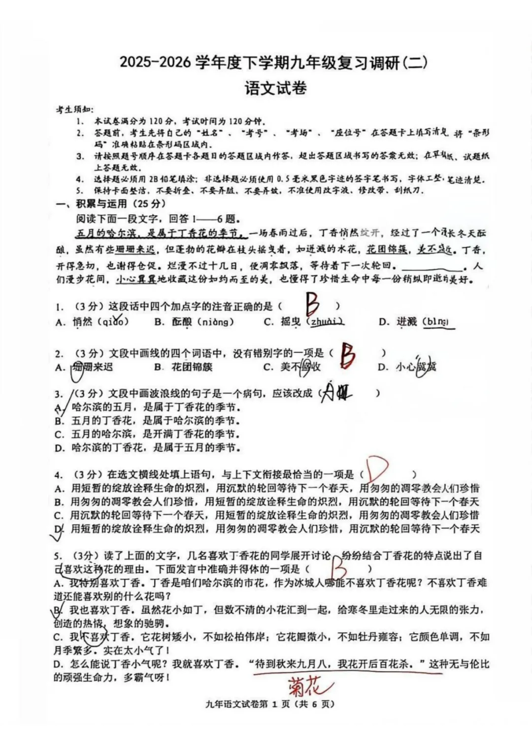 2026道外区九年级下语文二模考试 试卷+答案 第8张