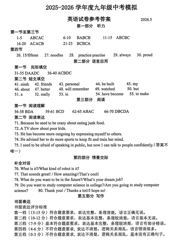 2026.5唐山市路南区中考二模试卷及答案(全科含听力) 第35张