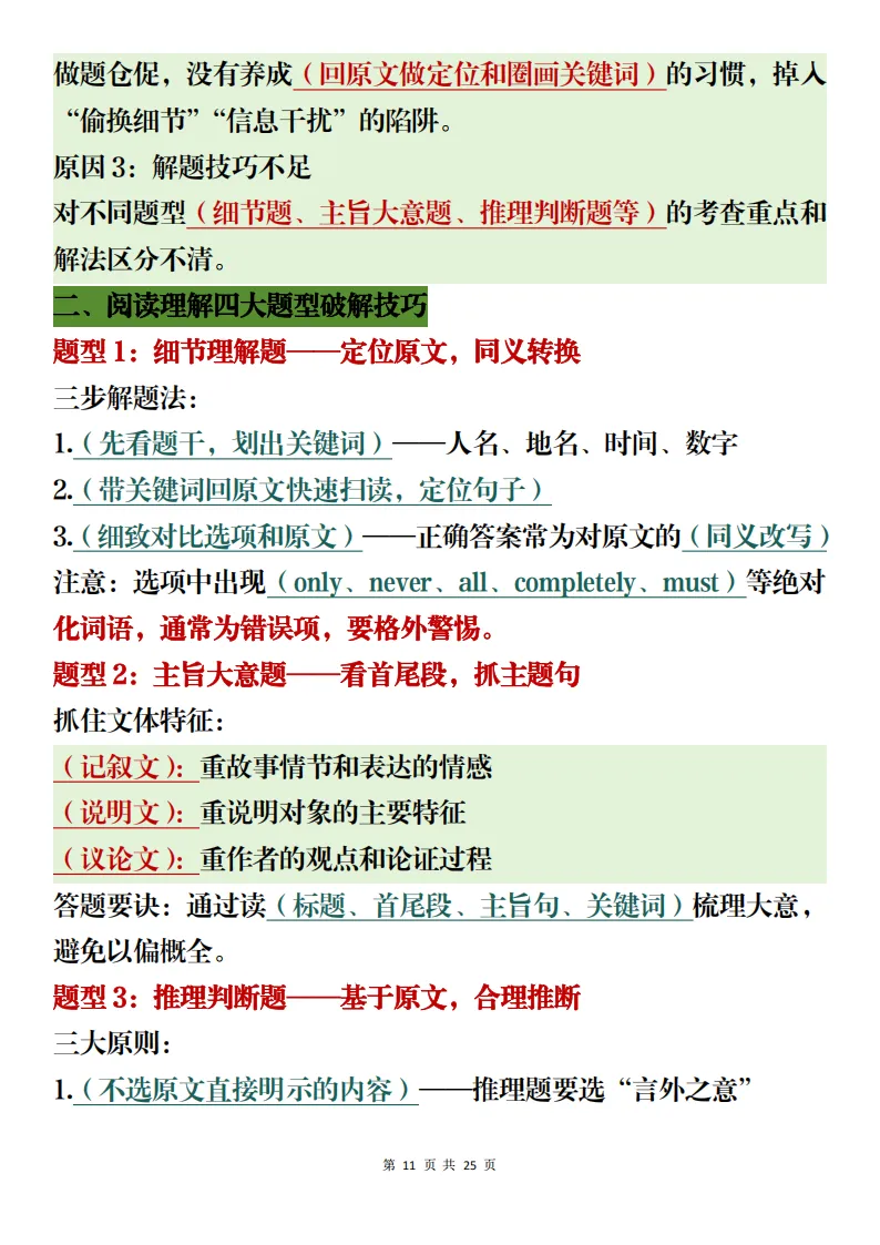 中考英语解题冲刺考前复习含完形填空题分析(可打印)-第11张图片-四季读书网