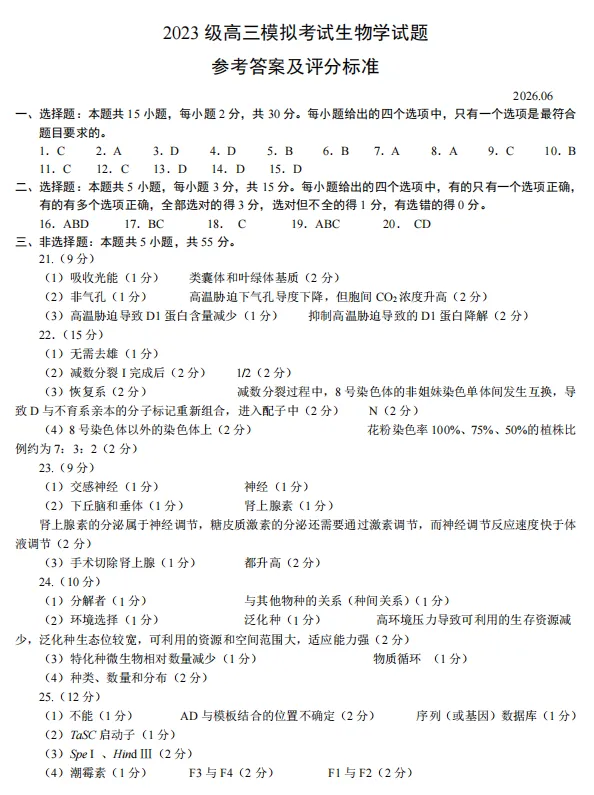 【生物】2026届山东省日照市高三模拟考试(日照三模)试题及答案-第9张图片-四季读书网
