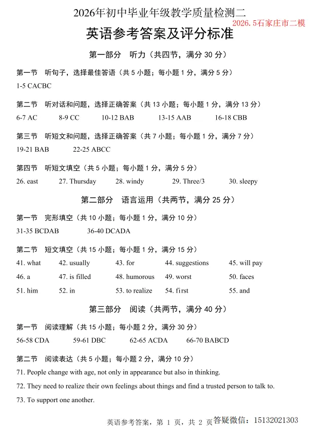 2026.5石家庄市中考二模英语试卷含答案-第9张图片-四季读书网