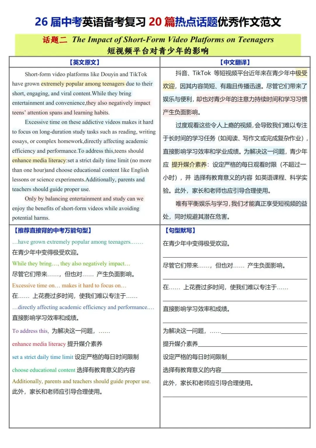 2026中考英语必背热点话题20篇优秀作文范文+万能句型背默(电子版可打印)-第4张图片-四季读书网