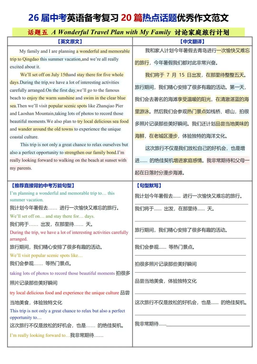 2026中考英语必背热点话题20篇优秀作文范文+万能句型背默(电子版可打印)-第7张图片-四季读书网