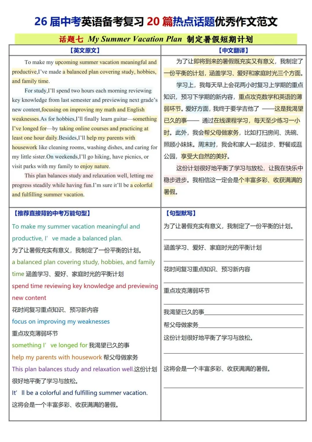 2026中考英语必背热点话题20篇优秀作文范文+万能句型背默(电子版可打印)-第9张图片-四季读书网