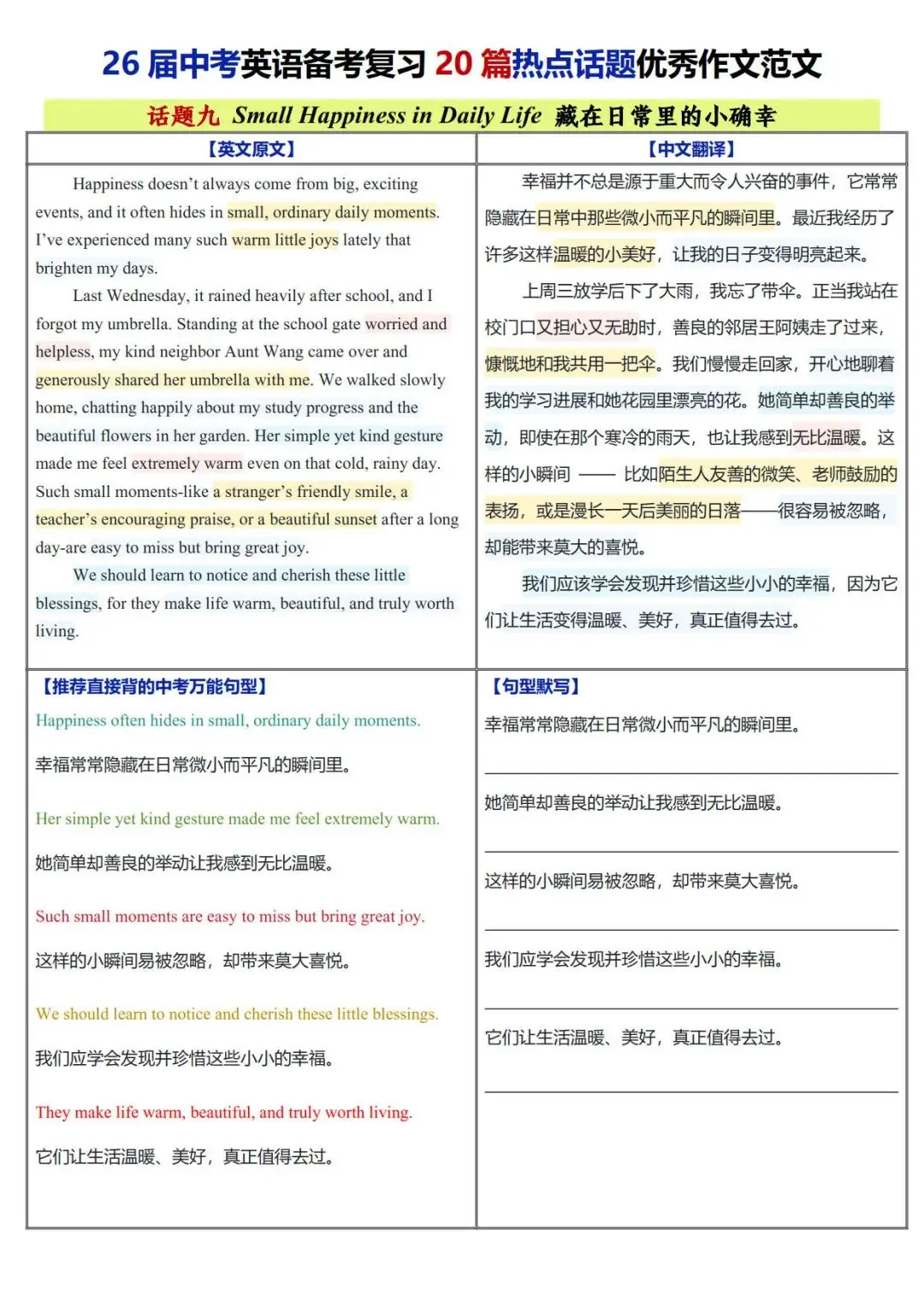 2026中考英语必背热点话题20篇优秀作文范文+万能句型背默(电子版可打印)-第11张图片-四季读书网