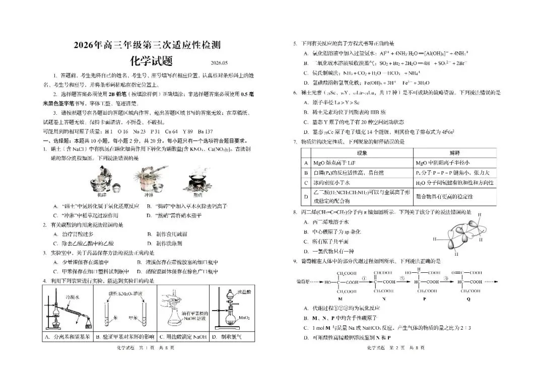 【青岛三模】青岛市2026年高三第三次模拟考试-化学-第2张图片-四季读书网 【青岛三模】青岛市2026年高三第三次模拟考试-化学-第2张图片-四季读书网
