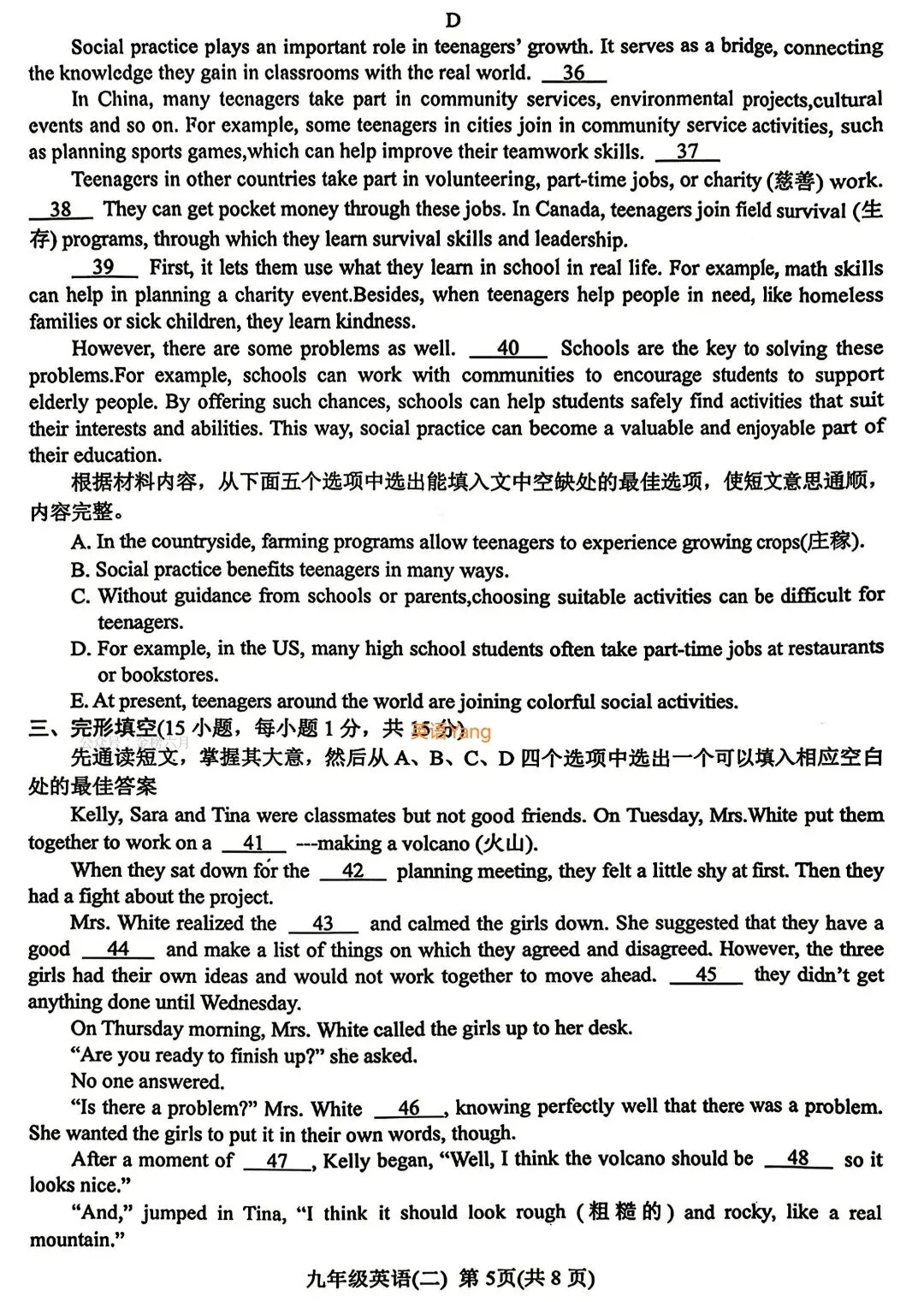 2026河南南阳中考二模英语试卷(附听力及答案)-第5张图片-四季读书网
