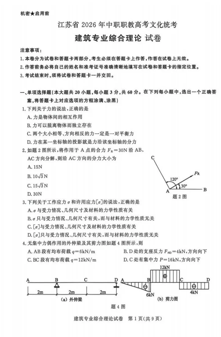 【真题】江苏省2026年中职职教高考文化统考《建筑专业》综合理论试卷-第4张图片-四季读书网 【真题】江苏省2026年中职职教高考文化统考《建筑专业》综合理论试卷-第4张图片-四季读书网