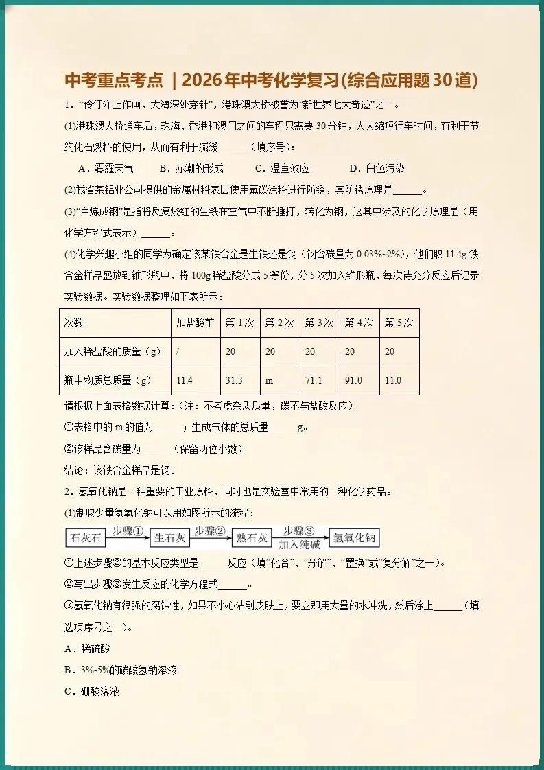 中考重点考点 | 2026年中考化学复习综合应用题30道(电子版可打印)-第2张图片-四季读书网