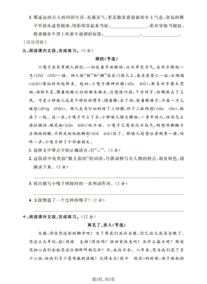 五年级下册语文名校真题卷(期末测试卷)-第3张图片-四季读书网