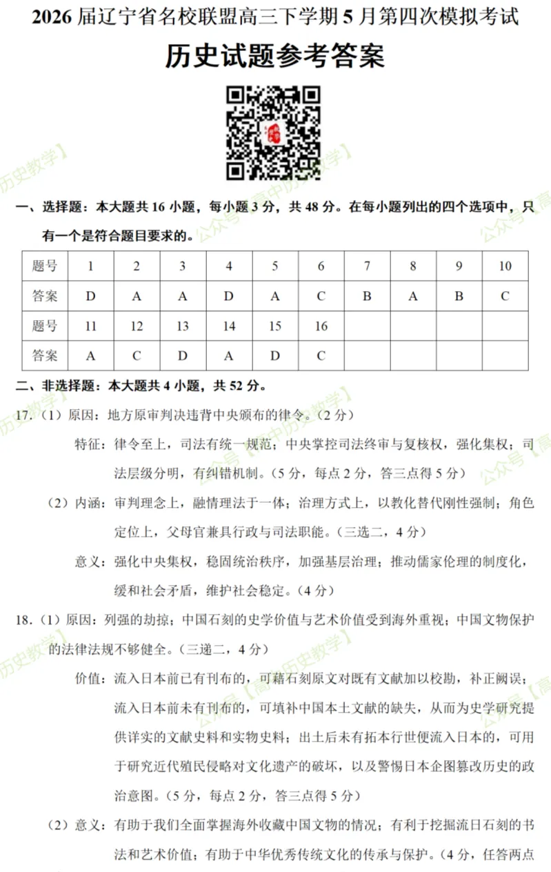 最新模考| 2026届辽宁省名校联盟高三下学期5月第四次模拟考试历史试题和答案-第10张图片-四季读书网