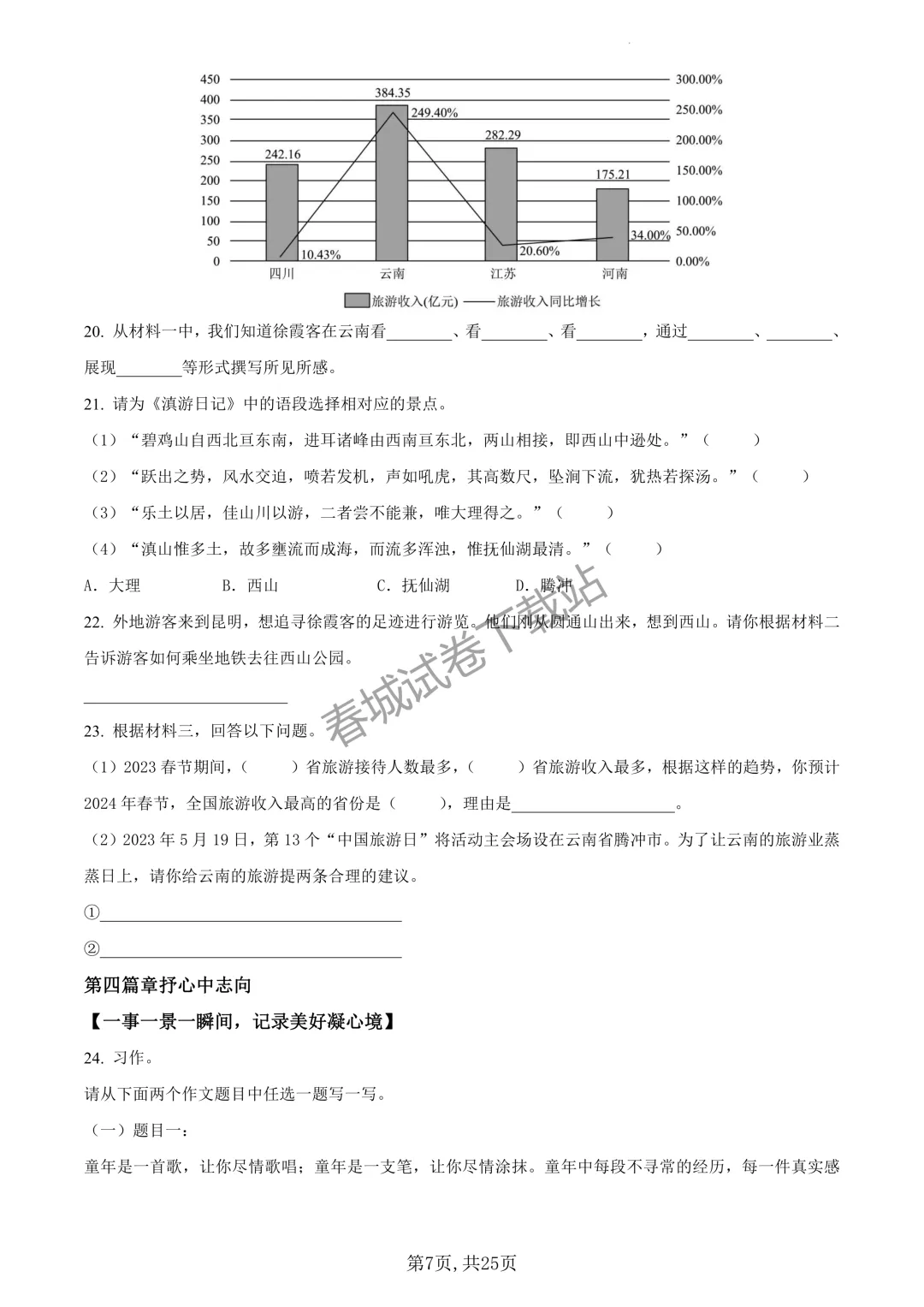 语文+2023昆明市官渡区六年级小升初试卷及答案(免费领取)-第7张图片-四季读书网