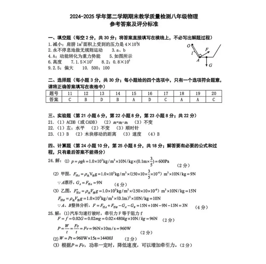八年级第二学期物理期末试卷(沪科版)-第15张图片-四季读书网