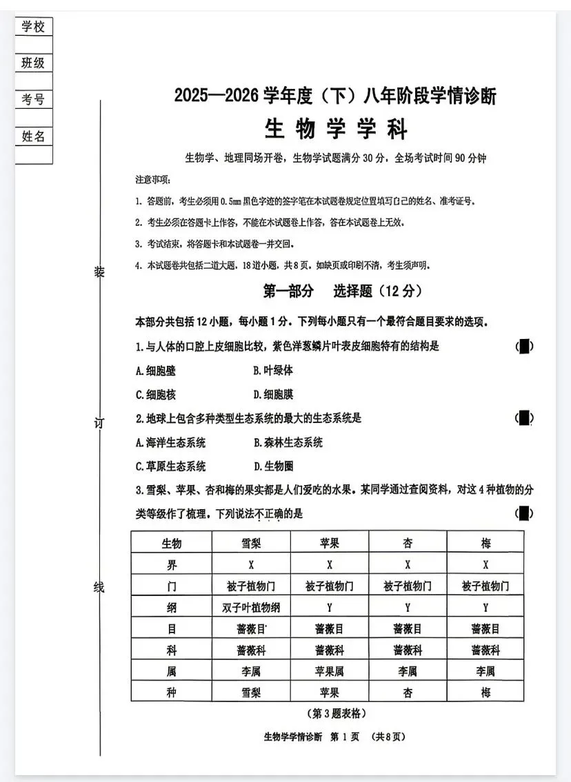 沈阳市八年级生物二模试卷-第3张图片-四季读书网
