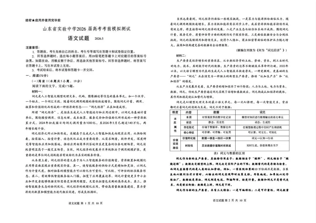 【山东省实验】2026届高考考前模拟测试-语文-第2张图片-四季读书网